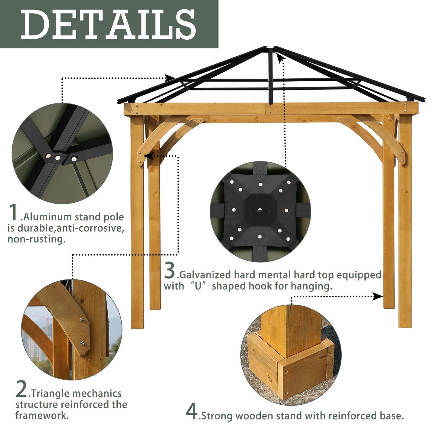 10 x 10 ft. Outdoor Solid Wooden Frame Gazebo with Galvanized Metal Hardtop Roof, for Patio Backyard Deck and Lawns - Aoodor
