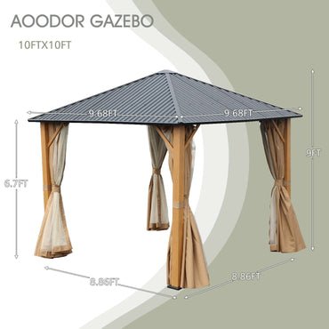 10 x 10 ft. Wooden Finish Coated Aluminum Frame Gazebo with Hardtop Roof, Gazebos with Curtains and Nettings  Aoodor    