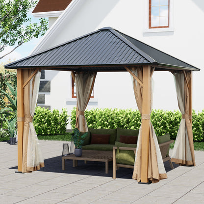 10 x 10 ft. Wooden Finish Coated Aluminum Frame Gazebo with Hardtop Roof, Outdoor Gazebos with Curtains and Nettings , for Patio Backyard Deck and Lawns - Aoodor