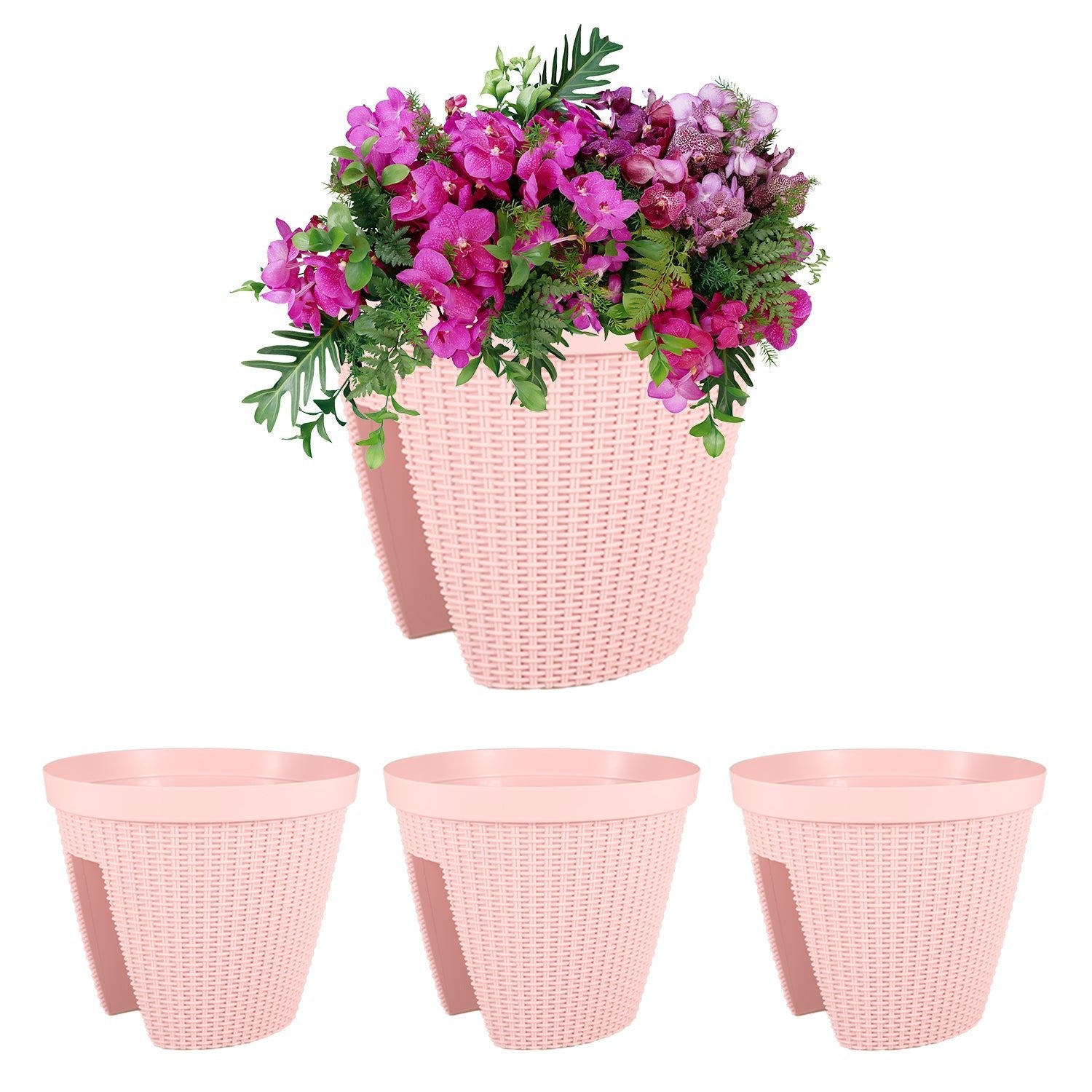 12'' Balcony Rattan Pattern Railing Planter Box with Drainage Holes and Adjustable Brackets- Set of 4  Aoodor  Pink  