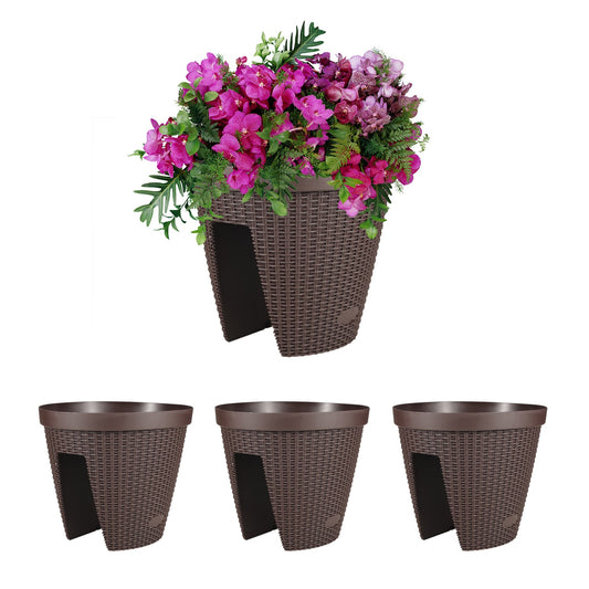 12'' Balcony Rattan Pattern Railing Planter Box with Drainage Holes and Adjustable Brackets- Set of 4  Aoodor  Coffee  