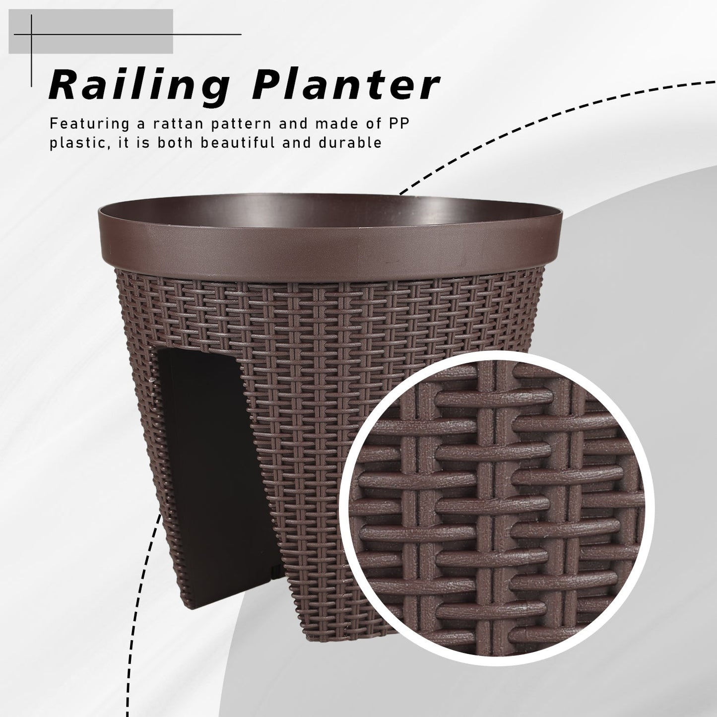 12'' Balcony Rattan Pattern Railing Planter Box with Drainage Holes and Adjustable Brackets- Set of 4  Aoodor    