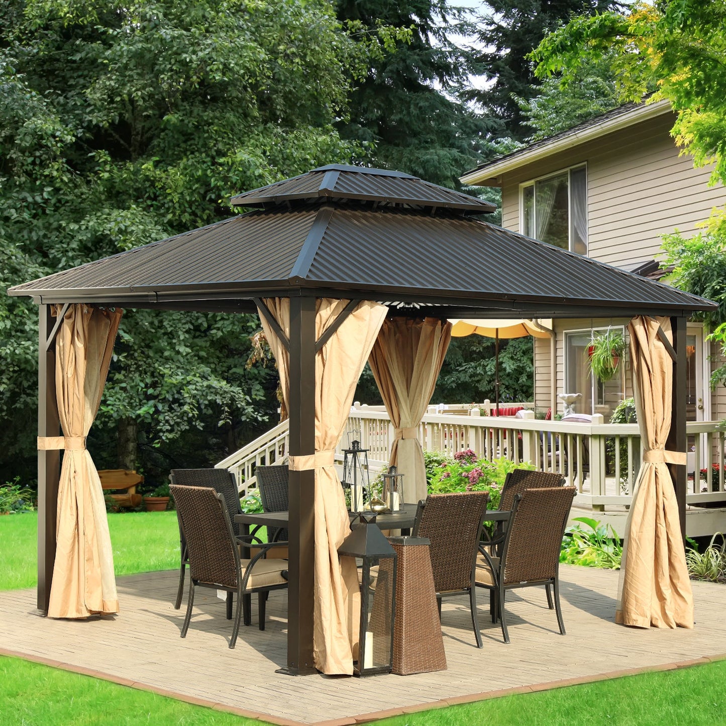 12 x 10 ft. Aluminum Frame Hardtop Roof Gazebo, Outdoor 2-Tier Metal Roof Gazebo with Mosquito Netting and Curtains - Black Gazebo Aoodor LLC   