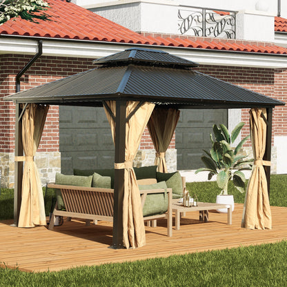 12 x 10 ft. Aluminum Frame Hardtop Roof Gazebo, Outdoor 2-Tier Metal Roof Gazebo with Mosquito Netting and Curtains - Black Gazebo Aoodor LLC   