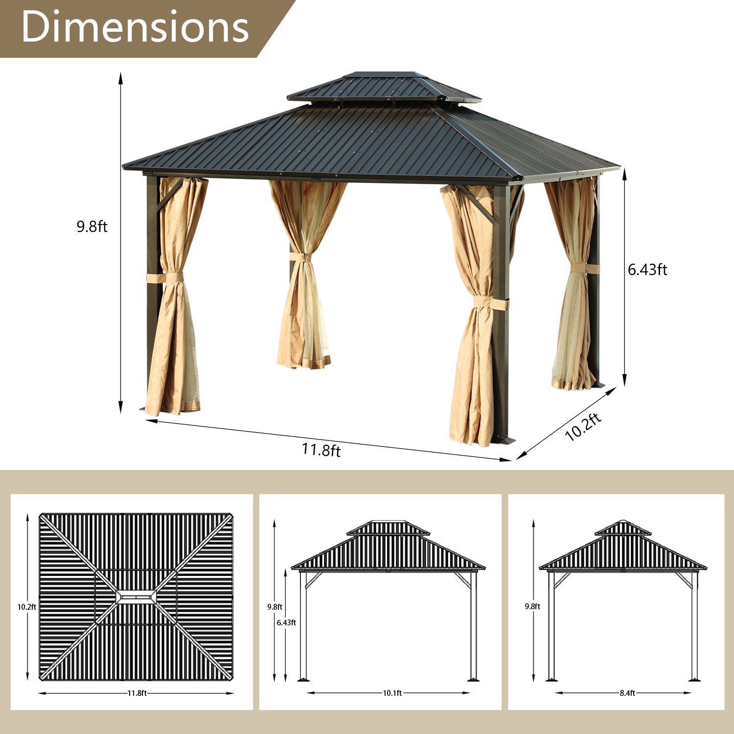 12 x 10 ft. Aluminum Frame Hardtop Roof Gazebo, Outdoor 2-Tier Metal Roof Gazebo with Mosquito Netting and Curtains - Black Gazebo Aoodor LLC   