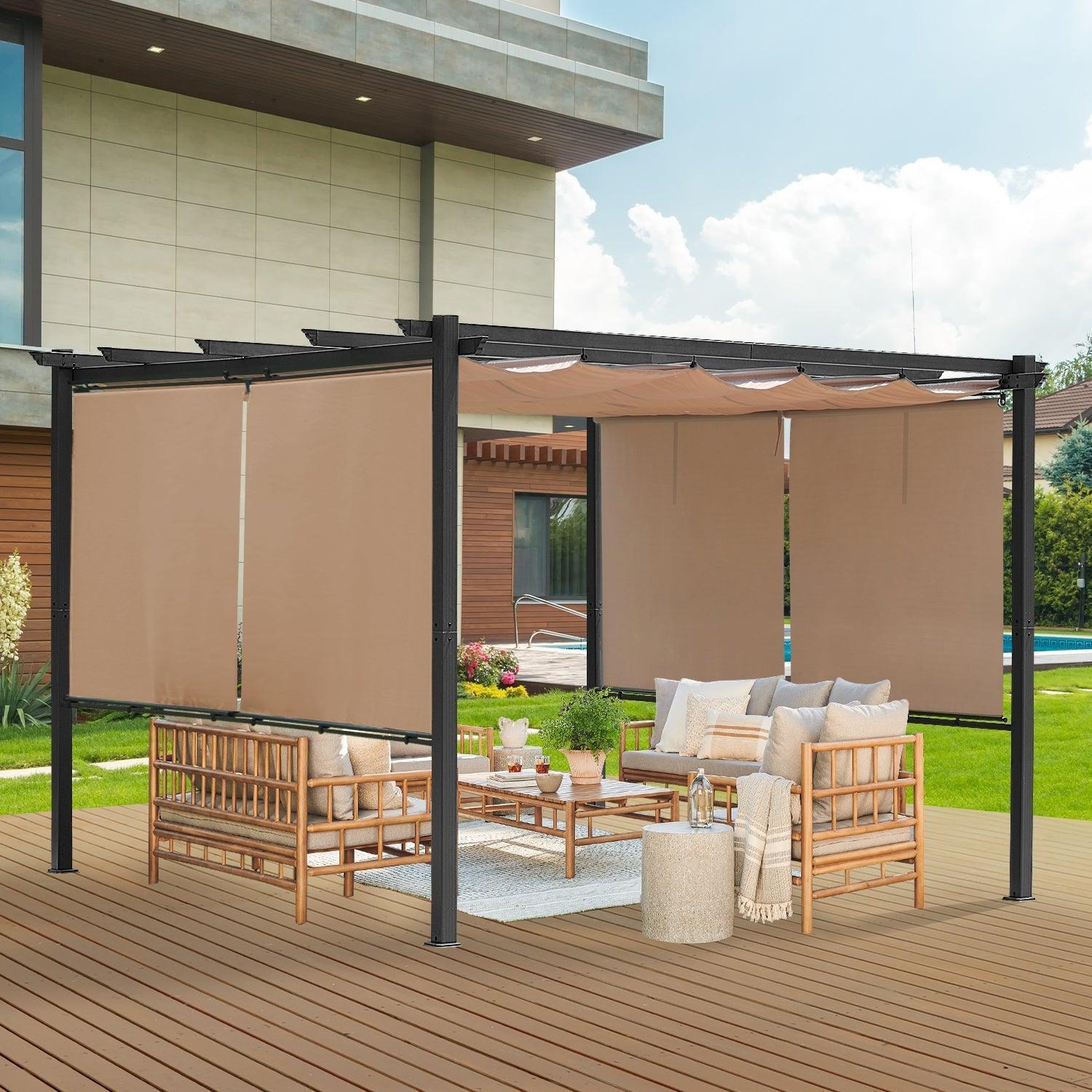 12 x 10 FT Outdoor Pergola with Retractable Shade Canopy, Aluminum Frame, Roller Shade Curtain- Dark Brown Pergola Aoodor   