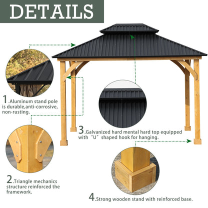 12 x 10 ft. Outdoor Solid Wooden Frame Gazebo with 2-Tier Hardtop Roof, for Patio Backyard Deck and Lawns - Aoodor