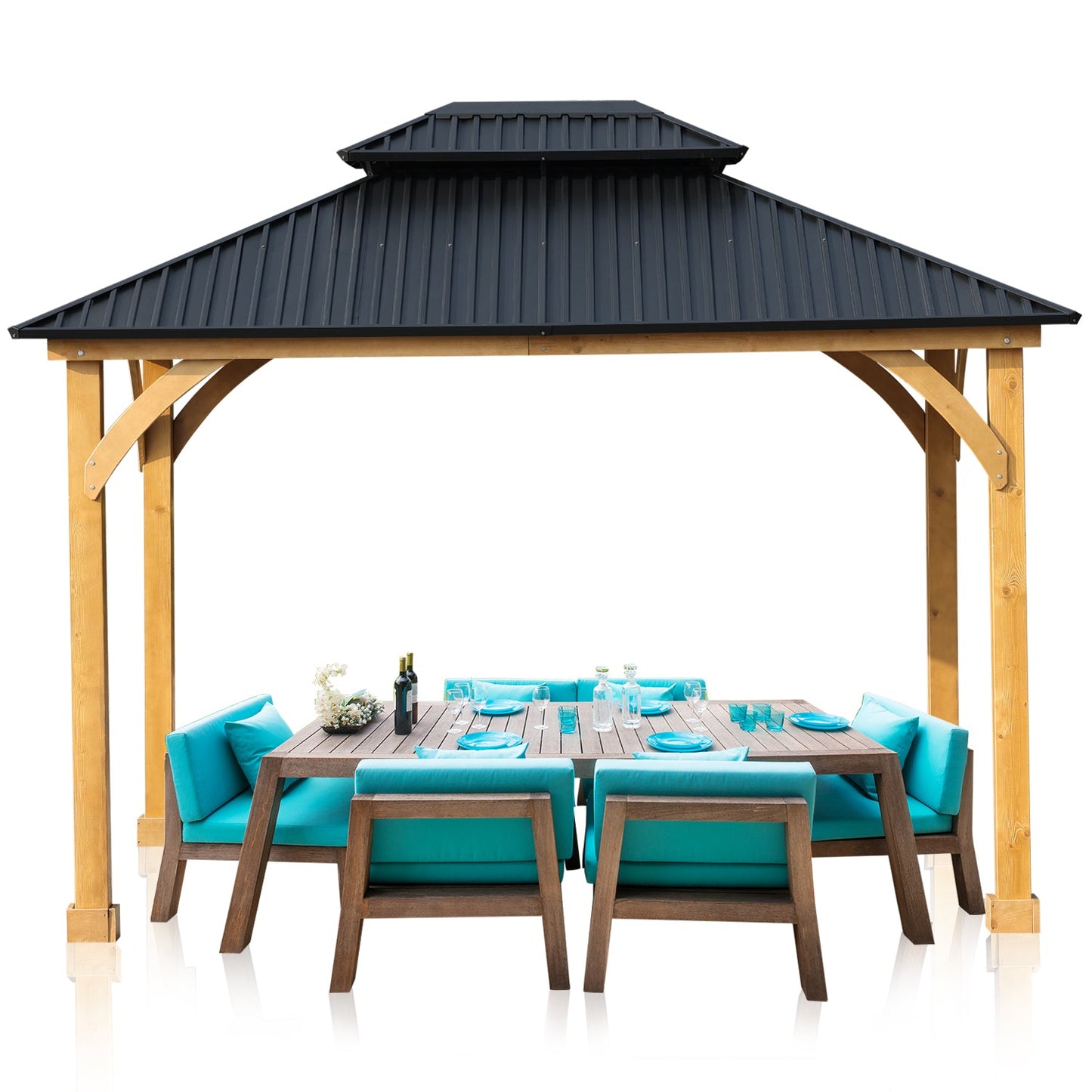 12 x 10 ft. Outdoor Solid Wooden Frame Gazebo with 2-Tier Hardtop Roof Gazebo Aoodor Charcoal  