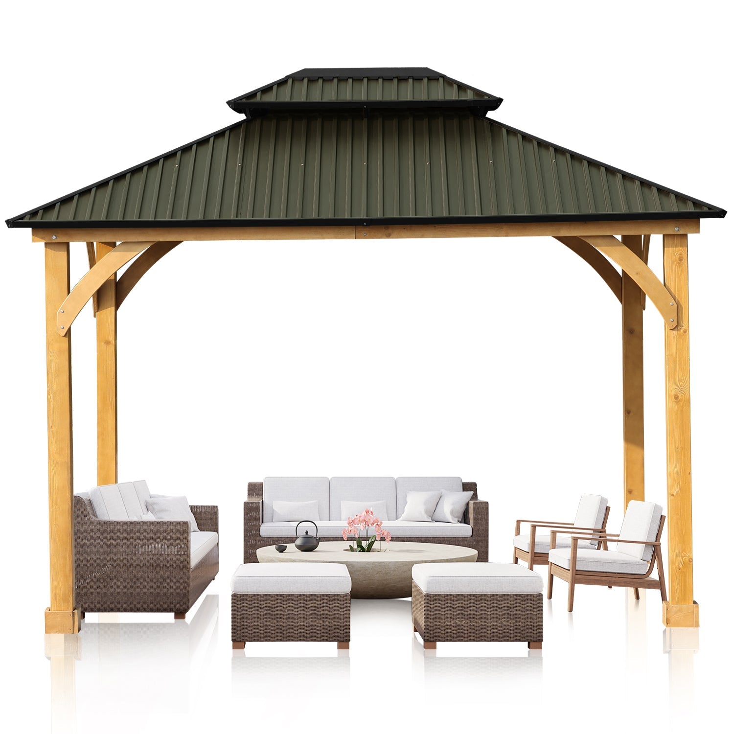 12 x 10 ft. Outdoor Solid Wooden Frame Gazebo with 2-Tier Hardtop Roof, for Patio Backyard Deck and Lawns - Aoodor