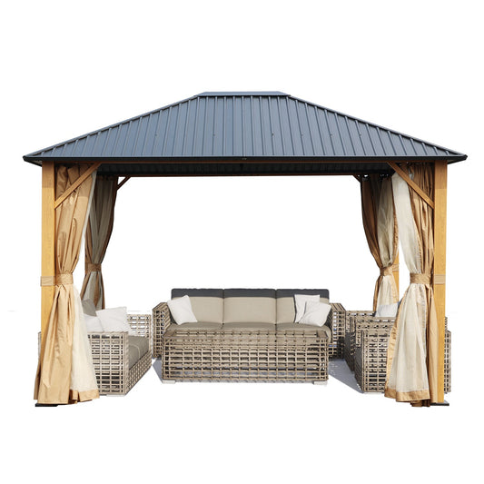 12 x 10 ft. Wooden Finish Coated Aluminum Frame Gazebo with Hardtop Roof, Outdoor Gazebos with Curtains and Nettings , for Patio Backyard Deck and Lawns - Aoodor