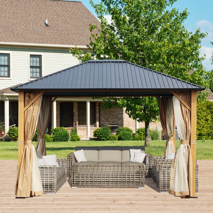 12 x 10 ft. Wooden Finish Coated Aluminum Frame Gazebo with Hardtop Roof, Outdoor Gazebos with Curtains and Nettings Gazebo Aoodor LLC   