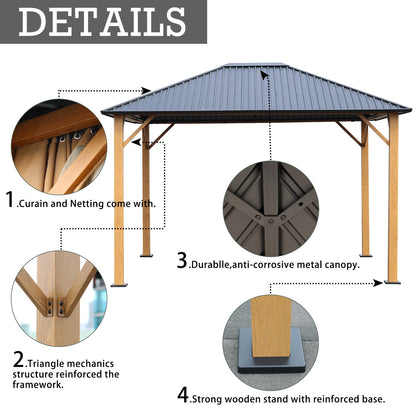12 x 10 ft. Wooden Finish Coated Aluminum Frame Gazebo with Hardtop Roof, Outdoor Gazebos with Curtains and Nettings Gazebo Aoodor LLC   