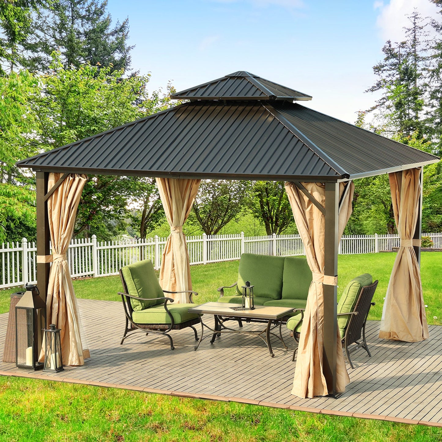 12 x 12 ft. Aluminum Frame Hardtop Roof Gazebo, Outdoor  2-Tier Metal Roof Gazebo with Mosquito Netting and Curtains- Black Gazebo Aoodor LLC   