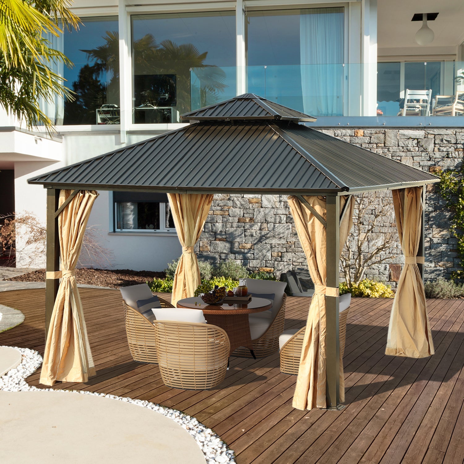 12 x 12 ft. Aluminum Frame Hardtop Roof Gazebo, Outdoor  2-Tier Metal Roof Gazebo with Mosquito Netting and Curtains- Black Gazebo Aoodor LLC   