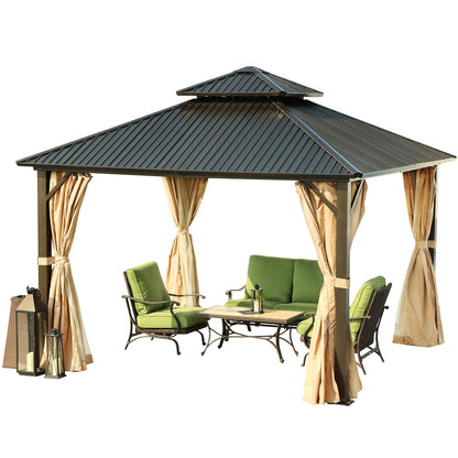 12 x 12 ft. Aluminum Frame Hardtop Roof Gazebo, Outdoor  2-Tier Metal Roof Gazebo with Mosquito Netting and Curtains- Black Gazebo Aoodor LLC   