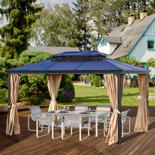 13 x 10 ft. Outdoor Aluminum Frame 2-Tier Polycarbonate Roof Gazebo, with Mosquito Netting and Curtains- Black Gazebo Aoodor LLC   