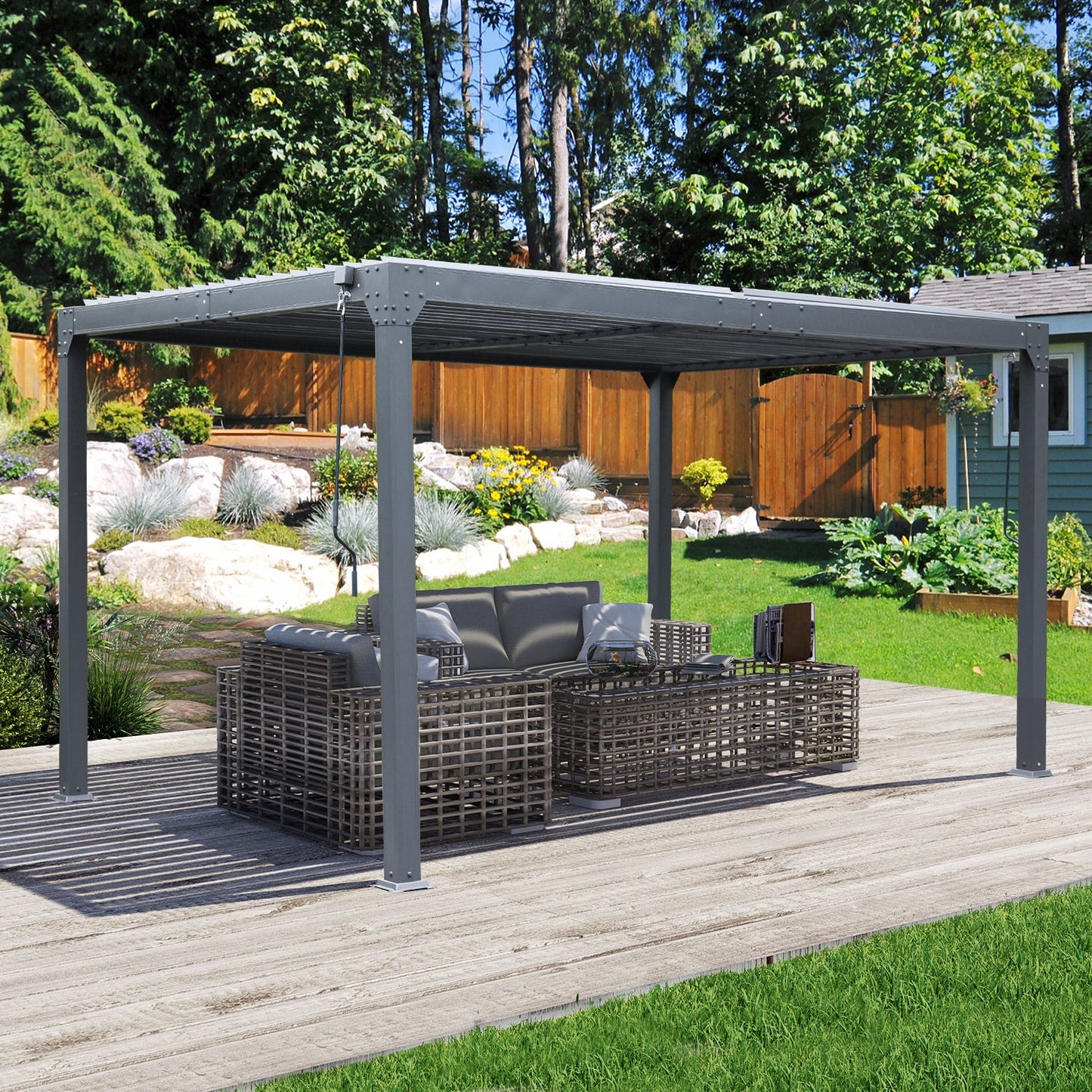 13 x 10 ft. Outdoor Aluminum Louvered Pergola, Sun Shade Shelter with 2 Adjustable Panels - Dark Gray  Aoodor    