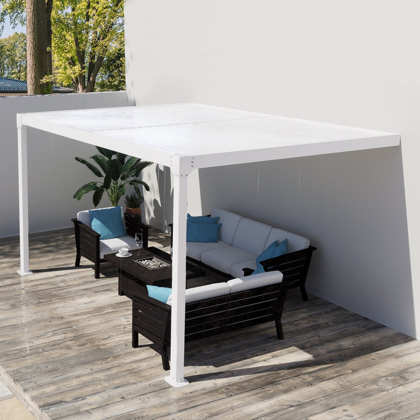 13 x 10 ft. Outdoor Aluminum Wall Mounted Louvered Pergola, Sun Shade Shelter with 2 Adjustable Panels  - Dark Gray/White Louvered Pergola Aoodor LLC   