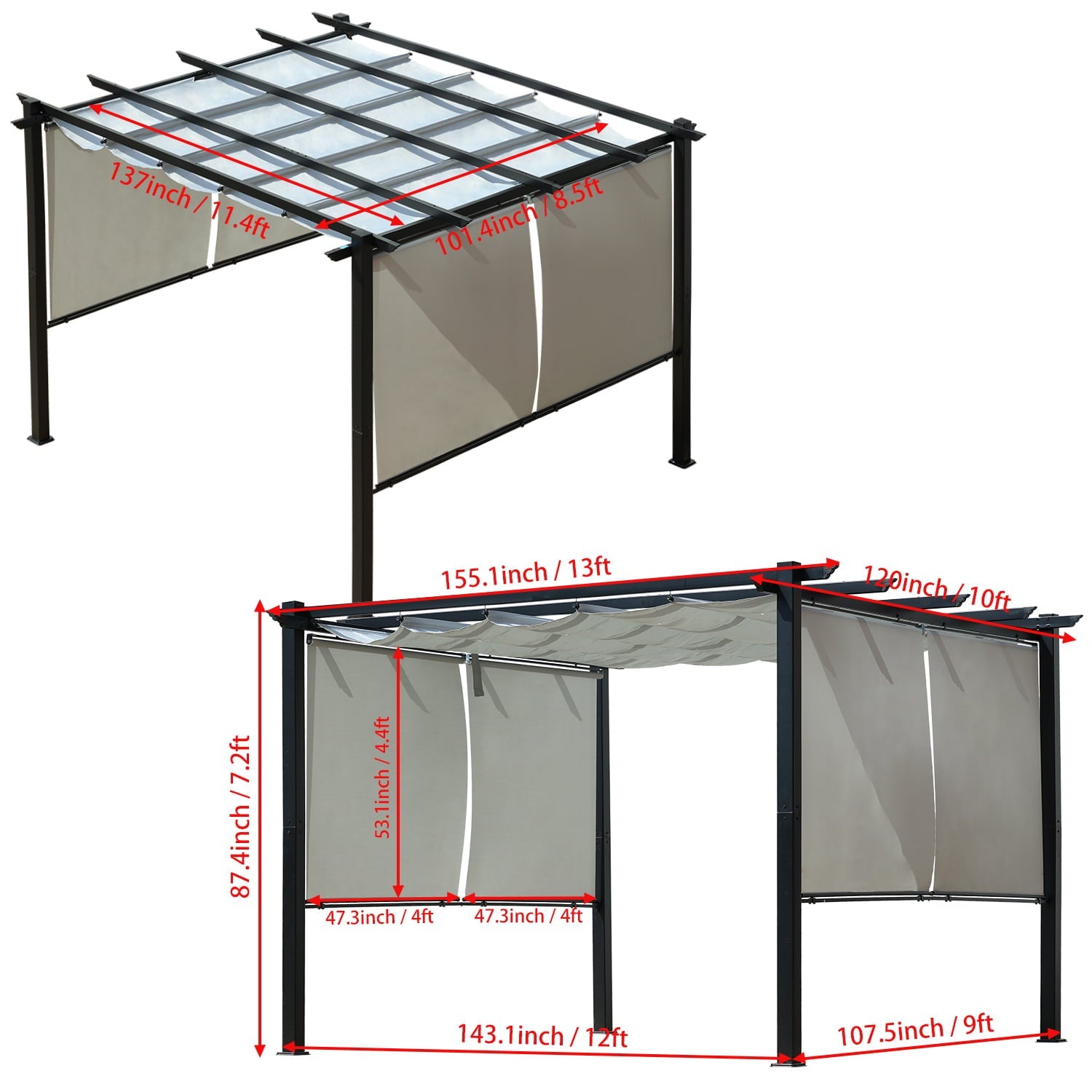 13 x 10 FT Outdoor Pergola with Retractable Shade Canopy, Aluminum Frame,Roller Shade Curtain  Aoodor    