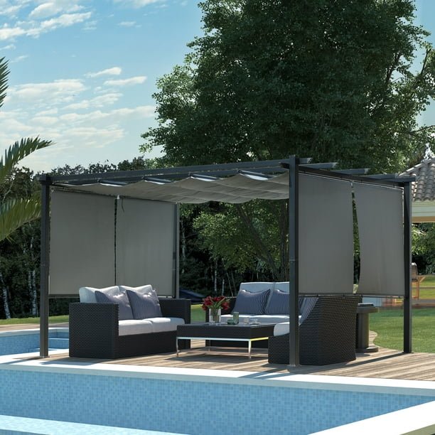 13 x 10 FT Outdoor Pergola with Retractable Shade Canopy, Aluminum Frame,Roller Shade Curtain  Aoodor    