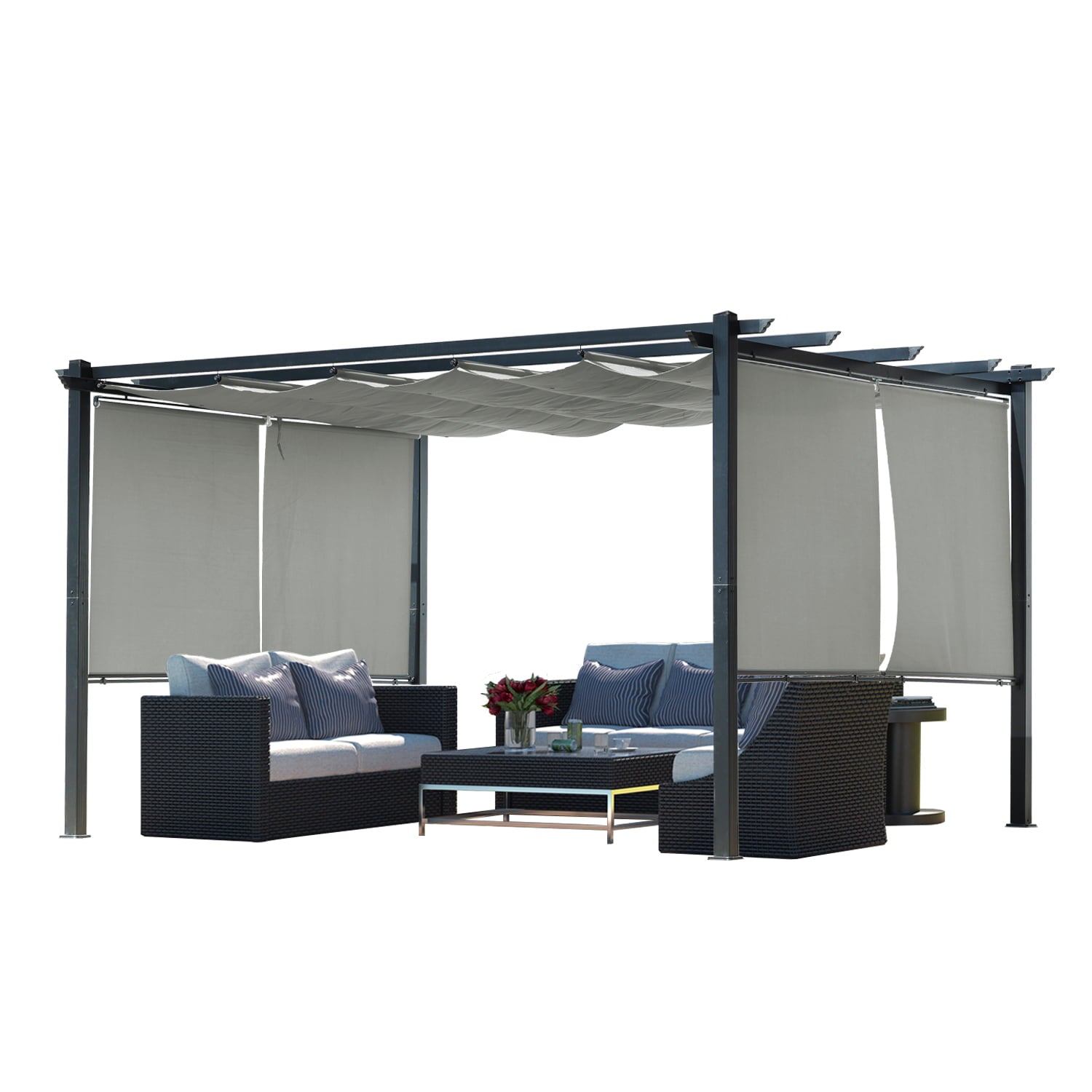 13 x 10 FT Outdoor Pergola with Retractable Shade Canopy, Aluminum Frame,Roller Shade Curtain  Aoodor  Light Gray  