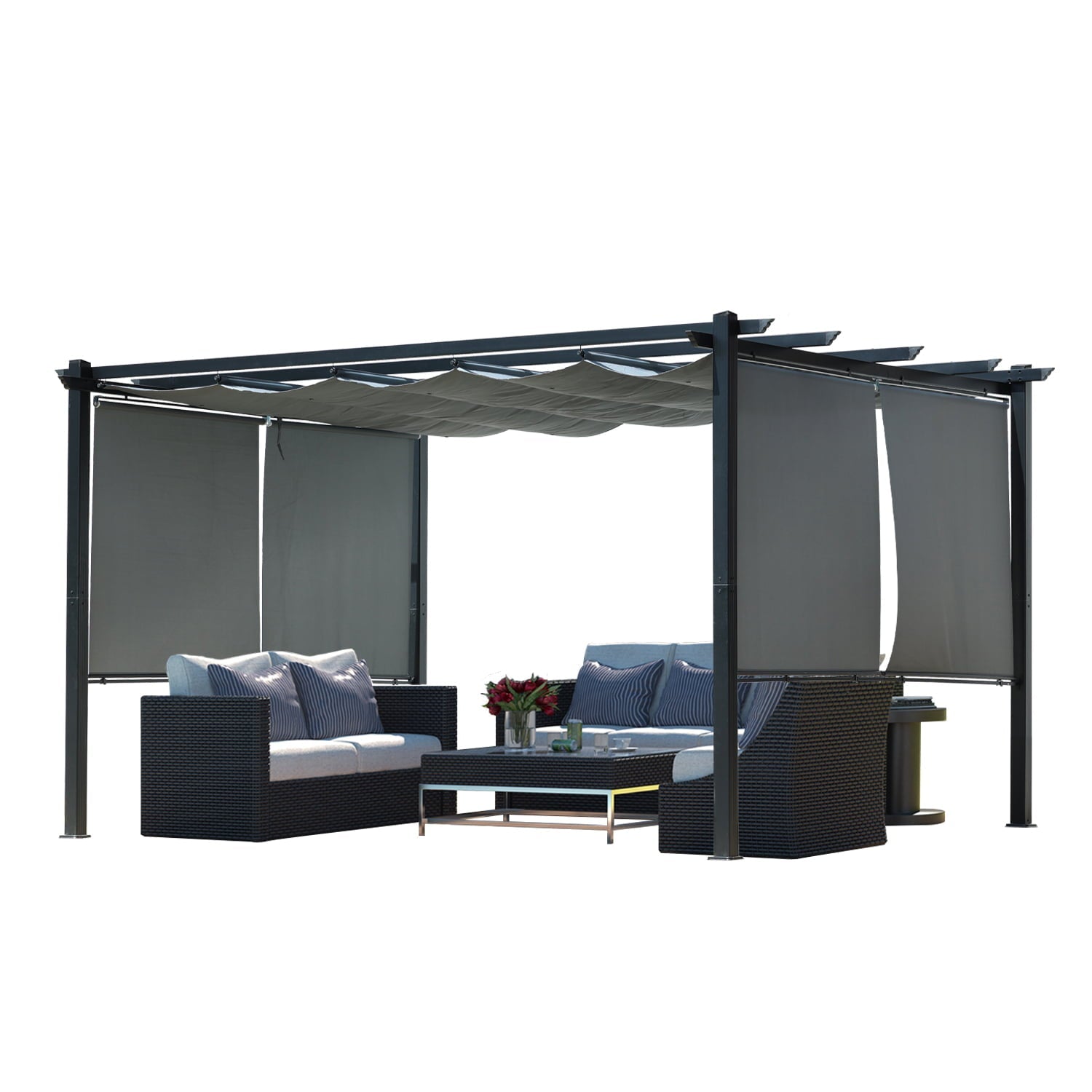 13 x 10 FT Outdoor Pergola with Retractable Shade Canopy, Aluminum Frame,Roller Shade Curtain  Aoodor  Dark Gray  