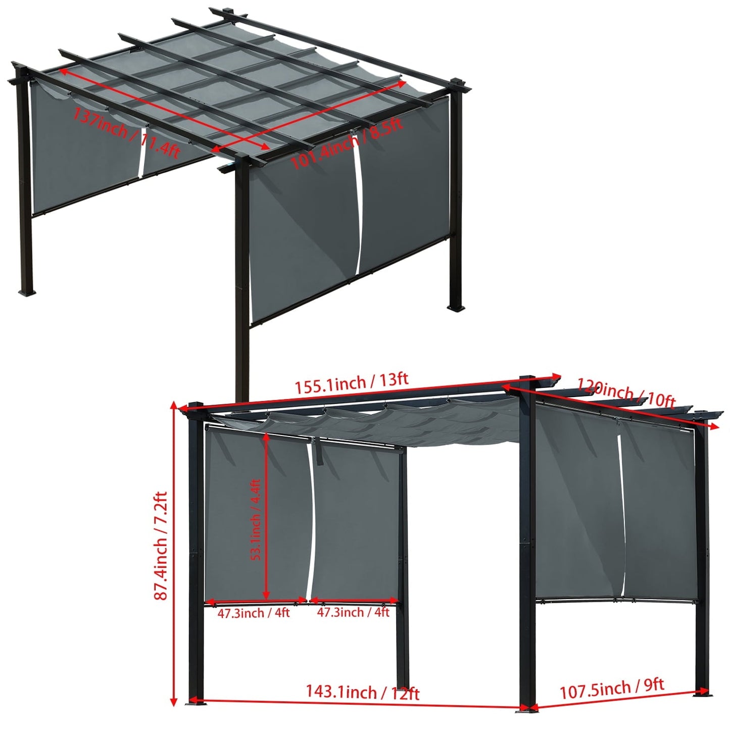 13 x 10 FT Outdoor Pergola with Retractable Shade Canopy, Aluminum Frame,Roller Shade Curtain  Aoodor    