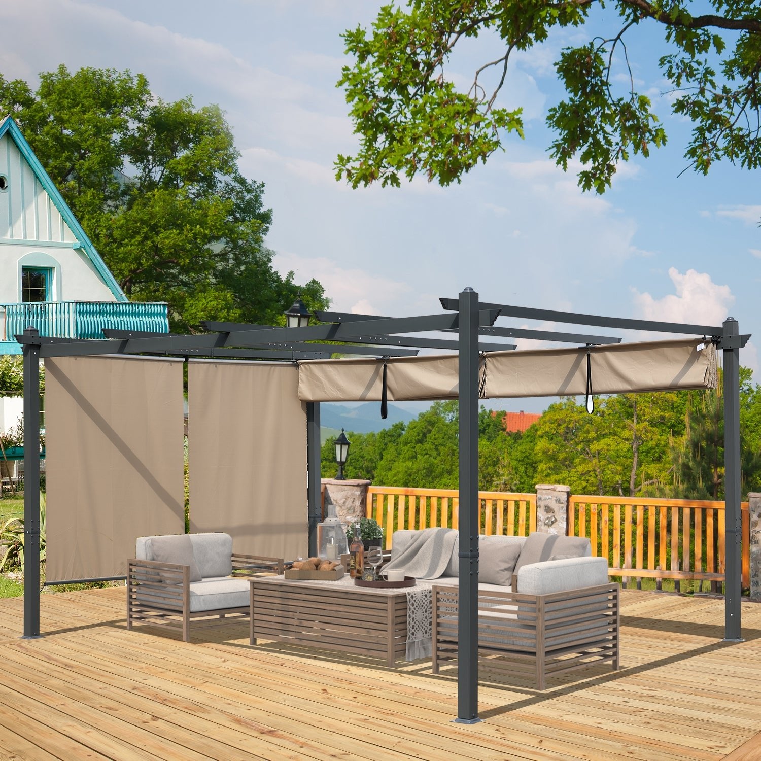 16 x 12 FT Outdoor Pergola with Retractable Shade Canopy, Aluminum Frame, Roller Shade Curtain Pergola Aoodor LLC   