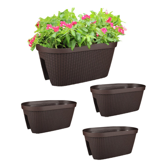 19.6'' Balcony Rattan Pattern Railing Planter Box with Drainage Holes and Adjustable Brackets-Set of 4  Aoodor  Coffee  