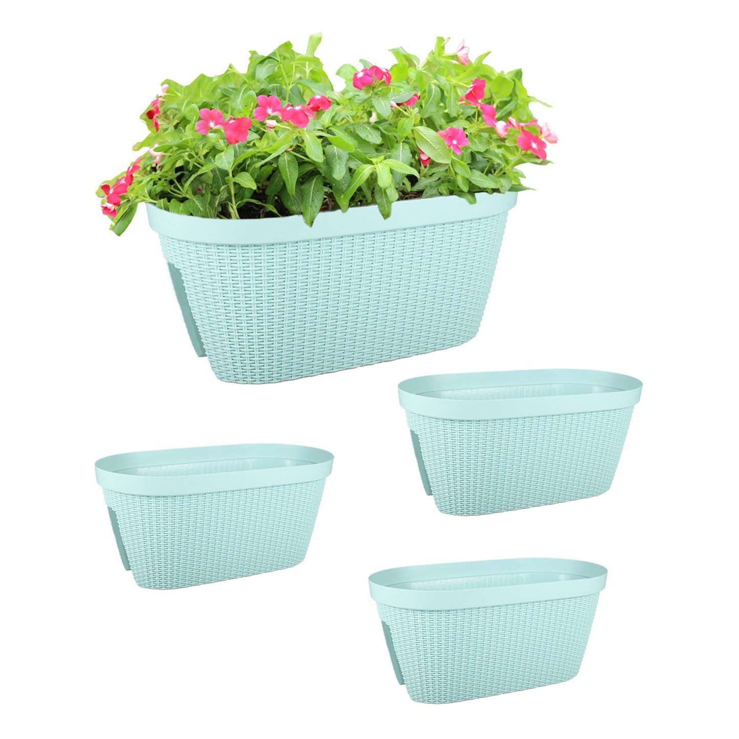 19.6'' Balcony Rattan Pattern Railing Planter Box with Drainage Holes and Adjustable Brackets-Set of 4  Aoodor  Light Blue  