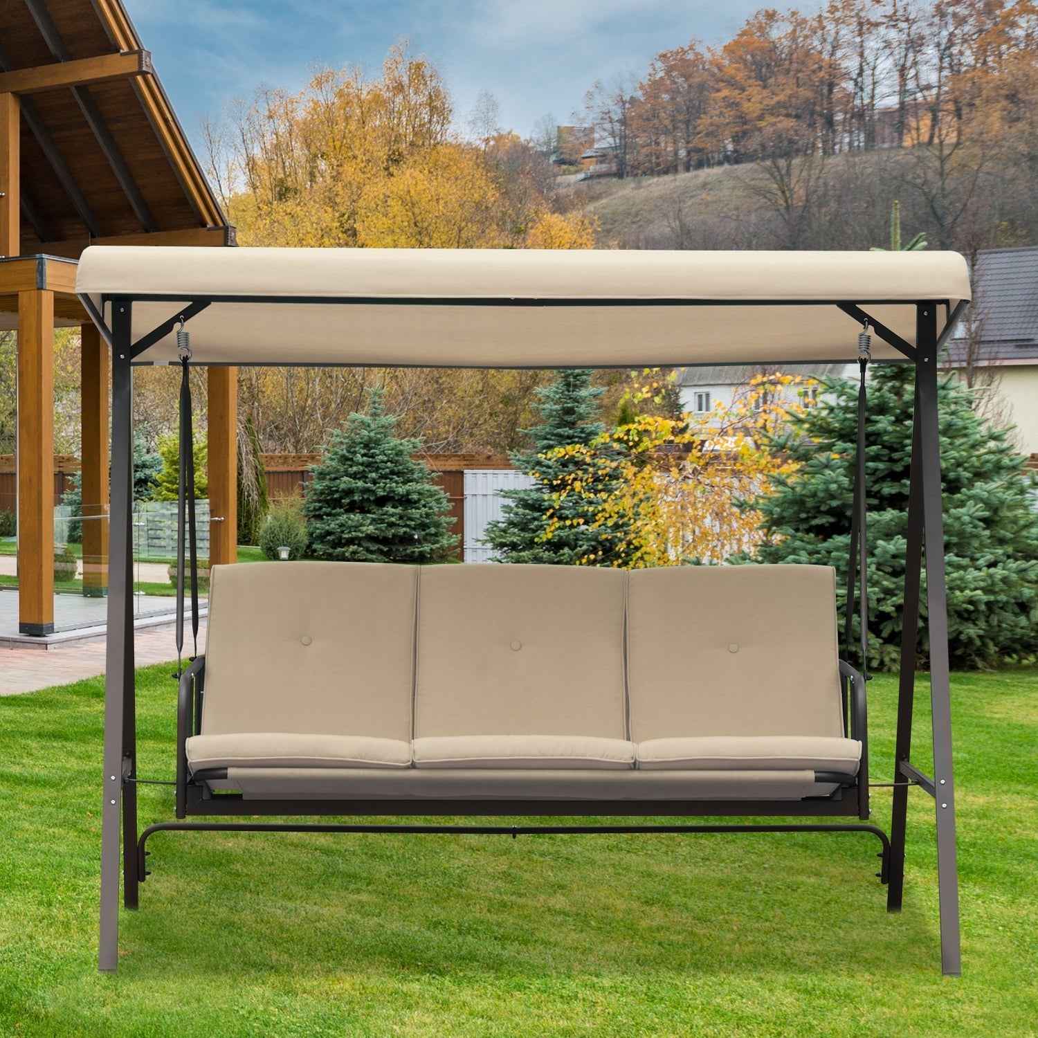 3-Person Outdoor Patio Swing Chair with Adjustable Canopy Furniture Aoodor   