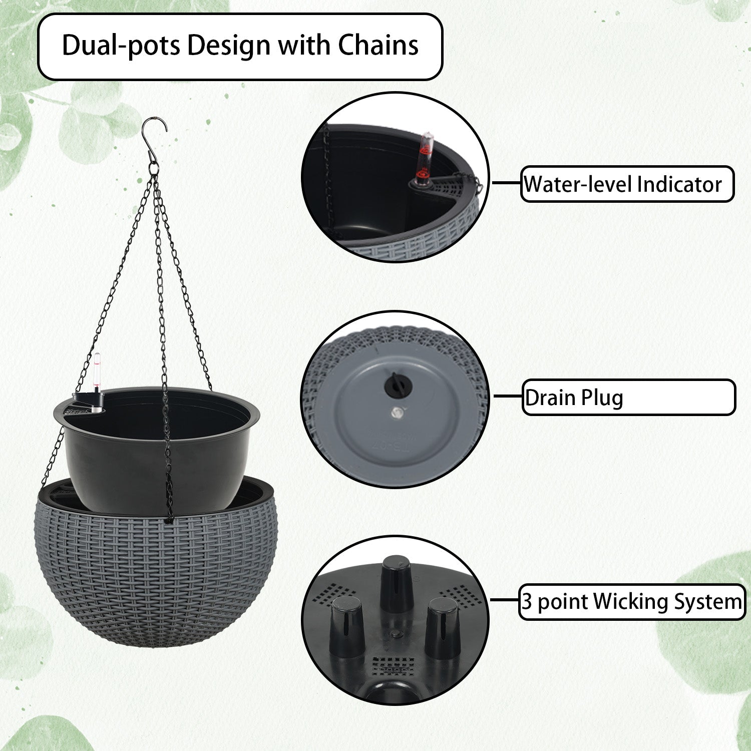 4 pack Self-Watering Hanging Planters, with Water Level Indicator, Drainer and Chain  Aoodor    