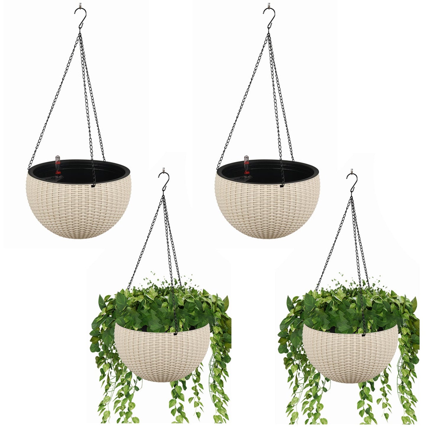 4 pack Self-Watering Hanging Planters, with Water Level Indicator, Drainer and Chain  Aoodor  White  