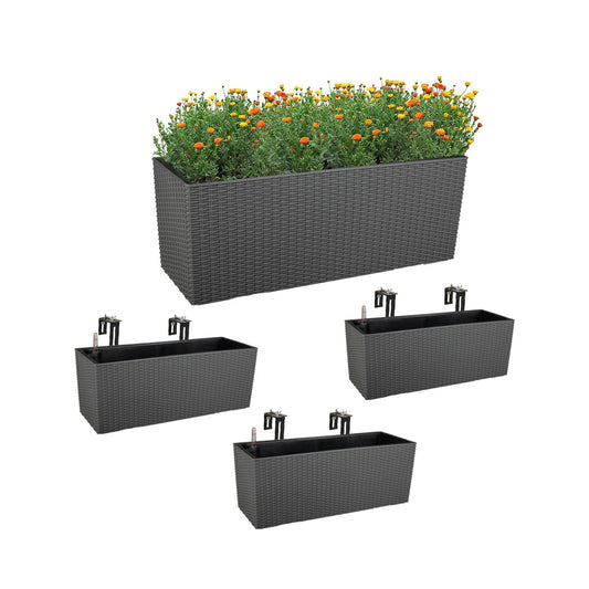 4Pcs 19.5" Rectangular Window Planter Box, Wall Mount/Railing Planter, Self Watering Planter with Adjustable Bracket, for Fence, Balcony and Outdoor Decor - Aoodor LLC