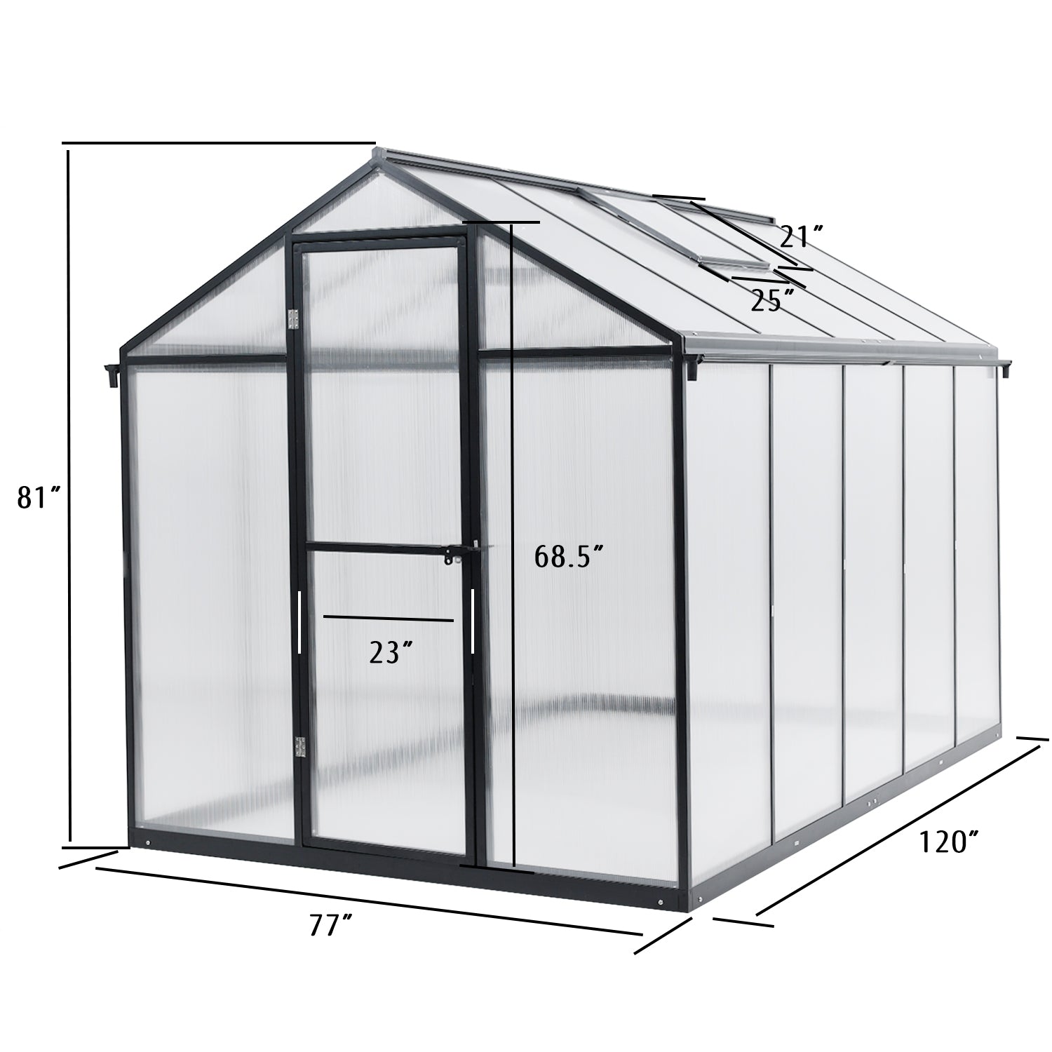 6' x 8' /6' x 10' Walk-in Polycarbonate Greenhouse with Roof Vent and Door lock,  Aluminum Frame and Polycarbonate Panels- White/Black  Aoodor LLC   