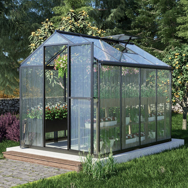 6' x 8' /6' x 10' Walk-in Polycarbonate Greenhouse with Roof Vent and Door lock, Heavy Duty Aluminum Frame and Polycarbonate Panels, for Backyard Garden - White/Black - Aoodor LLC