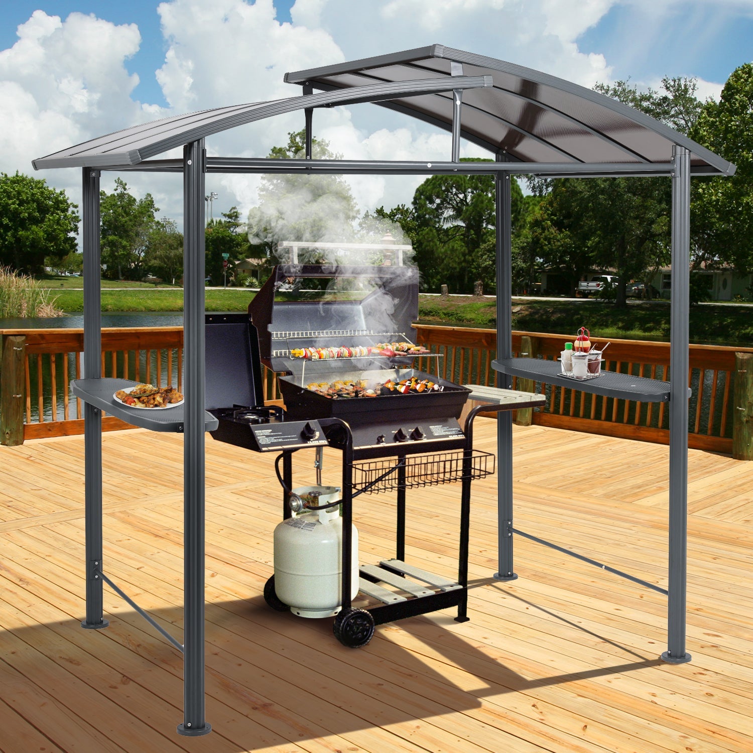 8 x 5 ft. BBQ Grill Gazebo Shelter, Dark Gray Steel Frame and Brown Double-Tier Polycarbonate Top Canopy, with Side Shelves,  for Outdoor, Patio, Backyard - Aoodor LLC