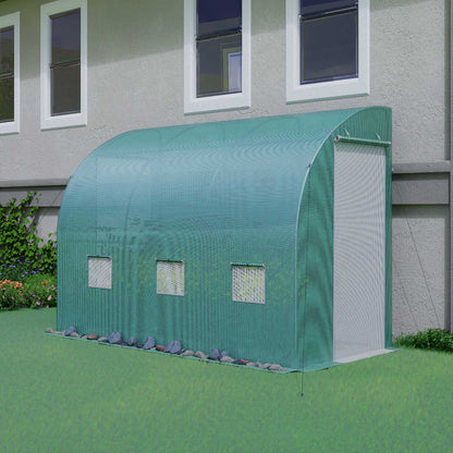 9.65' x 4.79' x7.05' Lean-to Walk-in Greenhouse for Plants, Outdoor Stable Greenhouse with 2 Roll-up Zipper Doors, 3 Window, 4 Windproof Ropes & Ground Pegs, Green PE Cover - Aoodor LLC