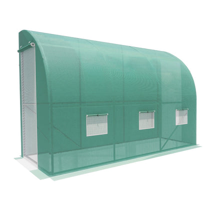 9.65' x 4.79' x7.05' Lean-to Walk-in Greenhouse for Plants, Outdoor Stable Greenhouse with 2 Roll-up Zipper Doors, 3 Window, 4 Windproof Ropes & Ground Pegs, Green PE Cover - Aoodor LLC