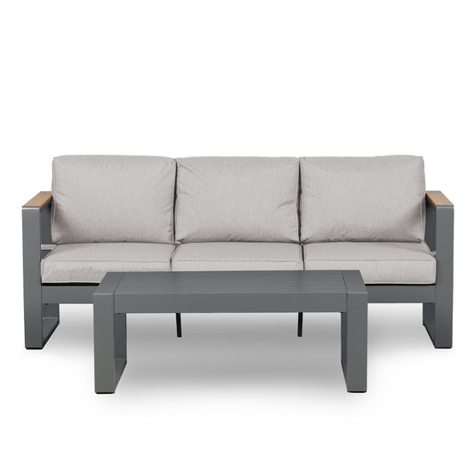 Outdoor Aluminum 3 Seater Sofa with Coffee Table Furniture Aoodor LLC Light Grey  