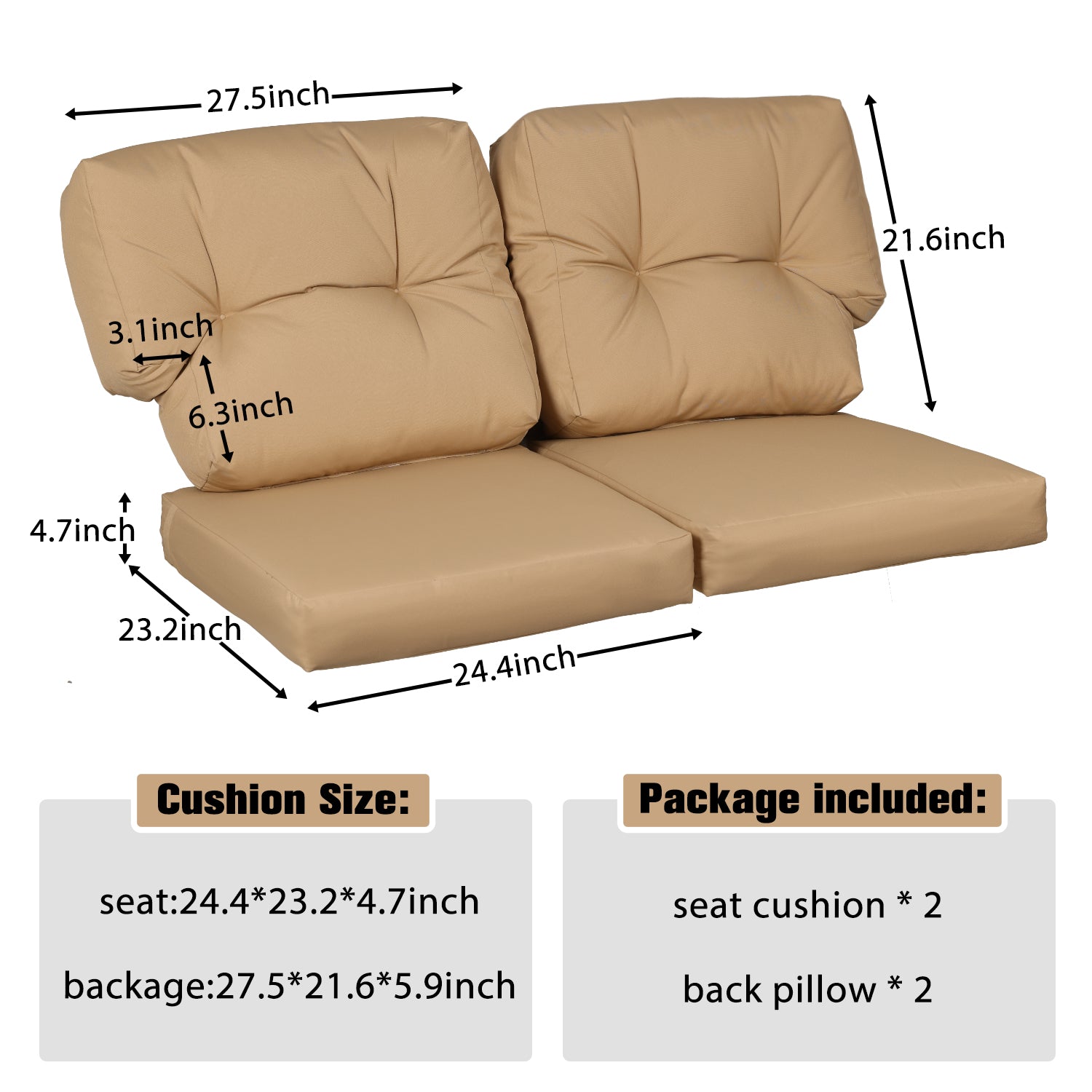 Deep Seating Loveseat Cushion Set, High-Quality Olefin Fabric, Breathable and Supportive- Set of 2 (2 Back, 2 Seater) CUSHION Aoodor LLC   