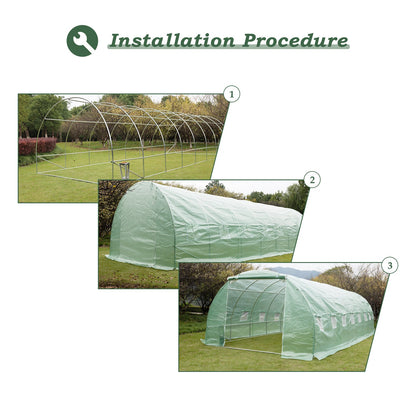 Galvanized Pipe and PE Walk-in Tunnel Greenhouse 26 FT x 10 FT x 7 FT, with Zippered Roll-up Door and 16 Roll-up Side Windows Green - Aoodor