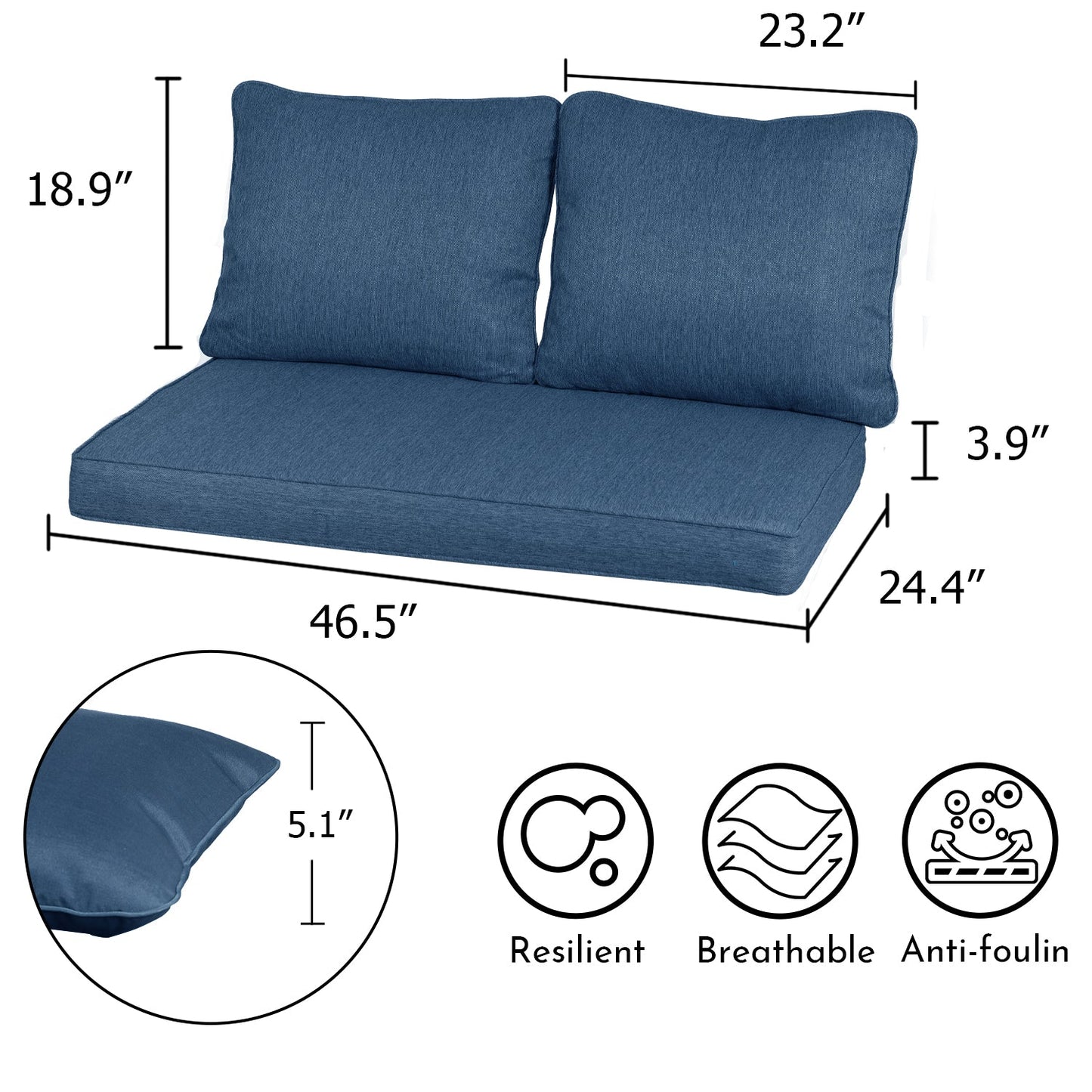 46.5"x24.4"x3.9" Loveseat Cushions Set, Deep Seating Bench Cushions with Dust Jacket  - 3 Piece Set CUSHION Aoodor LLC   