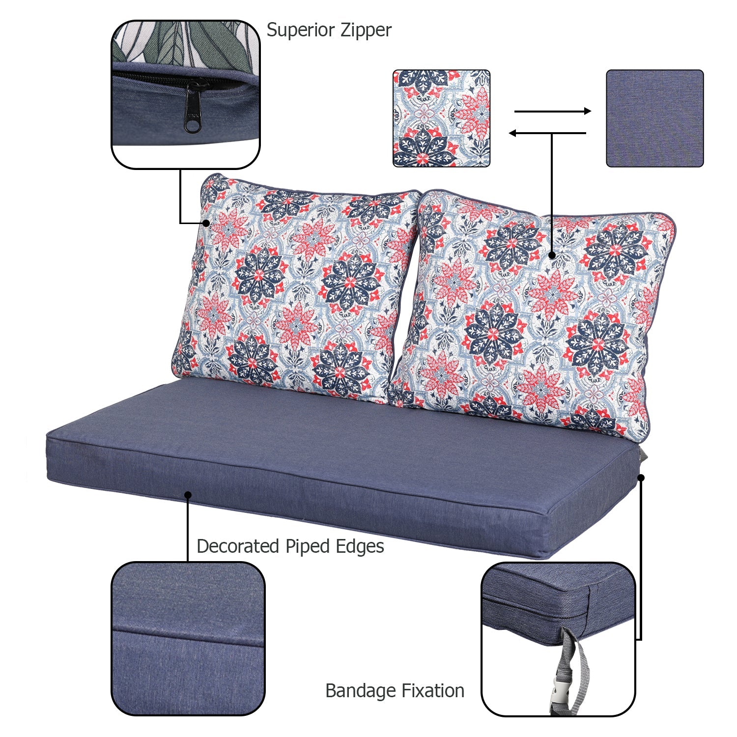 Loveseat Cushions Set 46.5"x24.4"x3.9" Deep Seating Bench Chair Cushions with Back Pillows, Seat Cushion, and Dust Jacket for Indoor and Outdoor  - 3 Piece Set - Aoodor LLC