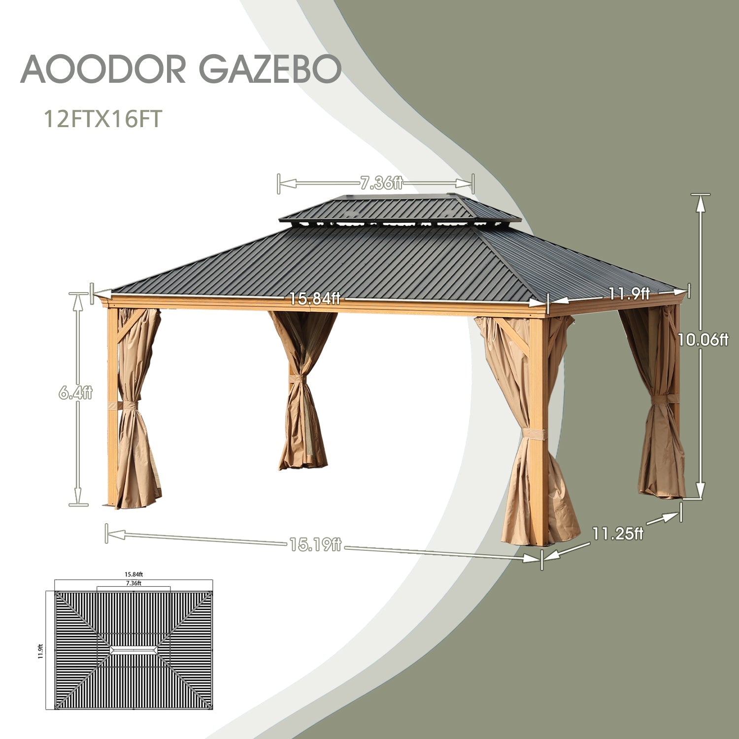 Woodgrain Aluminum Gazebo 16' X 12' Gazebo Aoodor LLC   