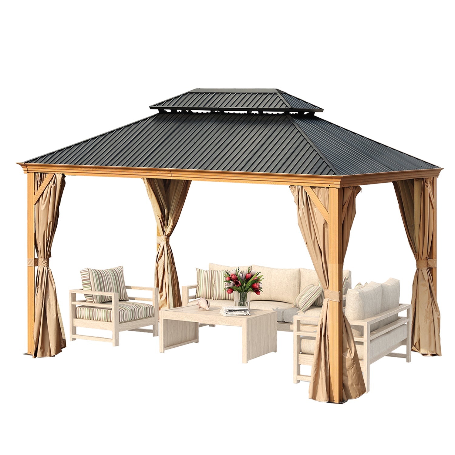 Woodgrain Aluminum Gazebo 16' X 12' Gazebo Aoodor LLC   